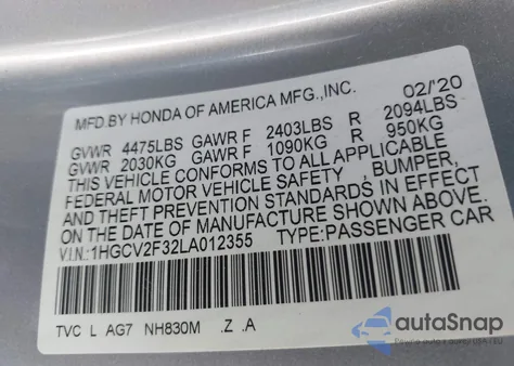 2020 Honda Accord Sedan Sport 2.0T из США, поврежденный, VIN 1HGCV2F32LA012355